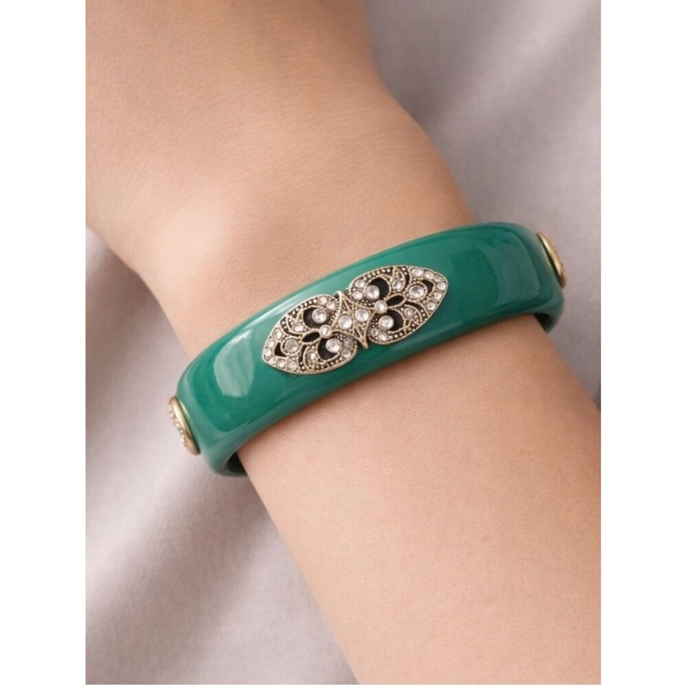 Premier Designs Green Resin Bangle Bracelet with Crystal Filigree Accent
